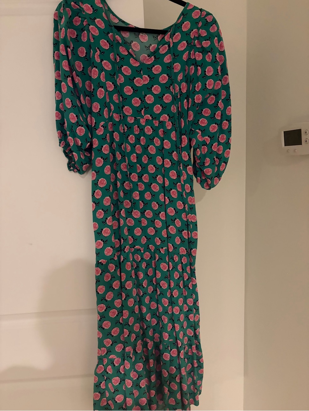 Green block print Floral Midi Dress with Pink Rose Print